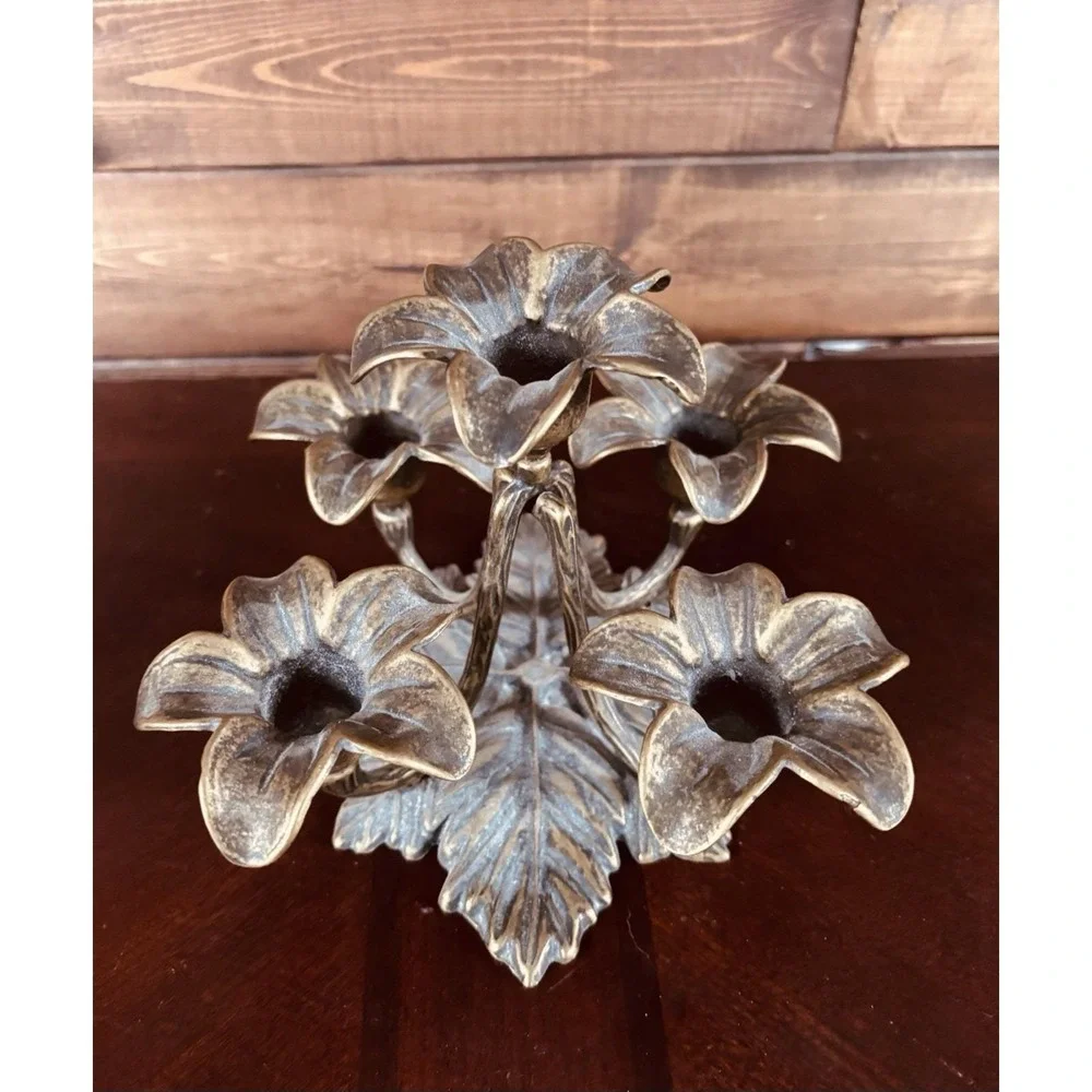 Vintage Italy Brass 5 Flame Lily Candle Holder Floral Candelabra Boho Regency